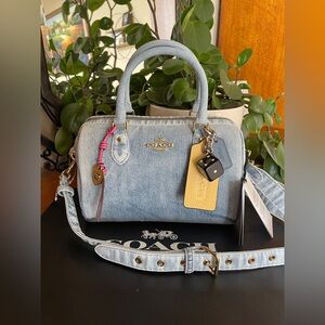 NWT Coach Rowan Satchel in Loved Denim with Charms